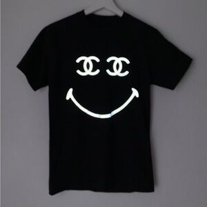 Smiley Logo Black Graphic Tee with Reflective Chanel CC Eyes